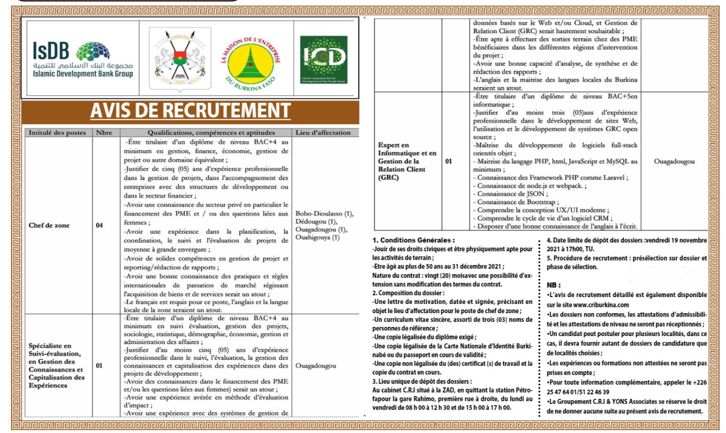 Recrutement de 04 Chefs Zone, 01 Expert en Informatique et 01 Spécialiste en Suivi-évaluation